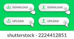 3D download and upload push button icon symbol sign. Hand cursor. Upload icon. Down arrow bottom side symbol. Click here button. Save cloud icon push button for UI UX, website, mobile application.