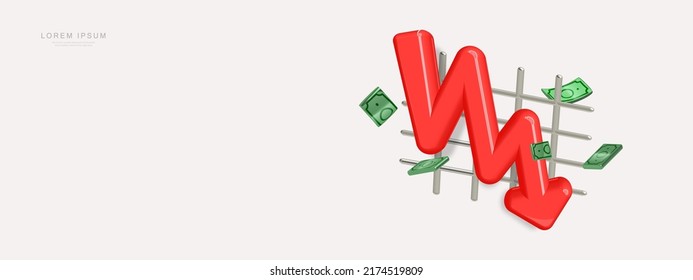 Gráfica de caída 3D con flecha roja. El concepto de finanzas y economía. Ilustración del vector