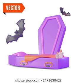 3d Drácula Cama Halloween Concepto Diseño de dibujos animados Estilo aislado sobre un fondo blanco. Ilustración vectorial de Ataúd para Muertos