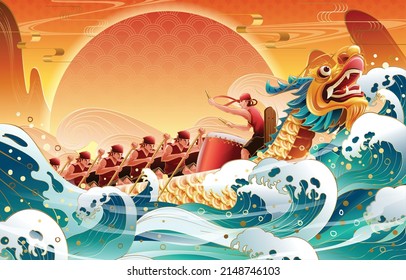 3d Dragon Boat Festival banner. Cute cartoon boat floats in the lotus river. Concept of iconic traditional water sport activity. Text: Happy Duanwu Holiday.
