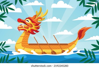 3d Dragon Boat Festival banner. Cute cartoon boat floats in the lotus river. Concept of iconic traditional water sport activity. Text: Happy Duanwu Holiday.