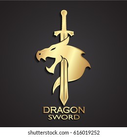 3d dragon head with sword golden logo