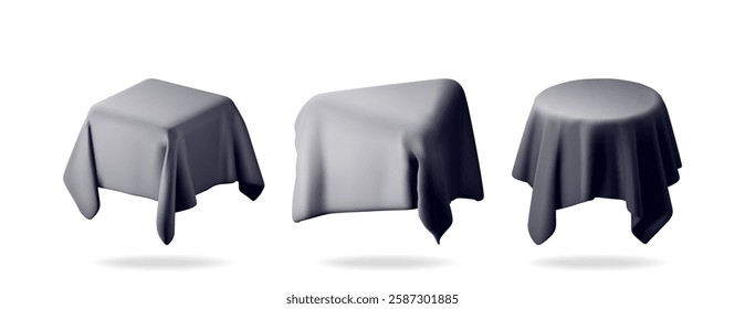 3D draped tables with cloth covers in various shapes isolated. Render stage with dark cloth mockup. Valentine day, birthday card, product display presentation advertisement. Vector illustration