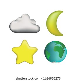 3d drawing of a cloud, the moon, a star and the planet. Funny cartoon image.