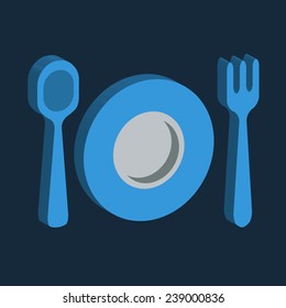  3d drawing of kitchenware utensils spoon fork plate icons, almost flat style, for food and infographics design