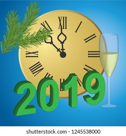 3D drawing. New year clock and a glass of champagne isolated on blue background.