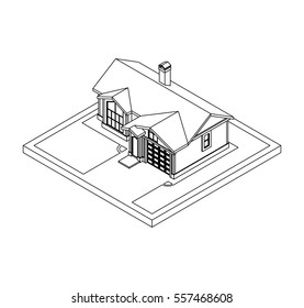 3d drawing of private house, vector illustration for coloring book