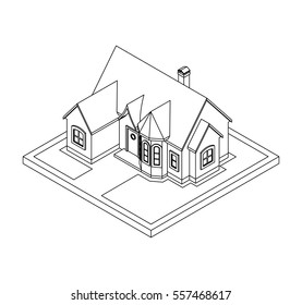 3d drawing of private house, vector illustration for coloring book