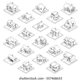 3d drawing of private house, vector illustration set for coloring book