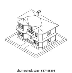 3d drawing of private house, vector illustration for coloring book