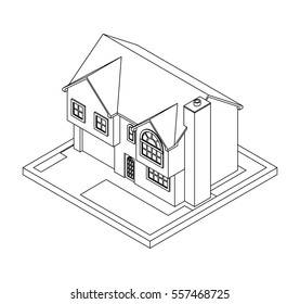 3d drawing of private house, vector illustration for coloring book