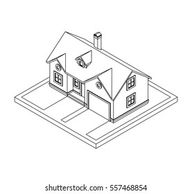 3d drawing of private house, vector illustration for coloring book