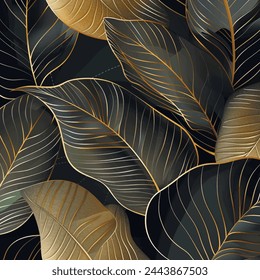 3d Dibujado tropical botánico oscuro patrón con acuarela línea de hojas de arte, líneas de oro. Vector frondoso pintado hermoso fondo. Patrón floral. Patrón de grunge de lujo con manchas, plantas tropicales.