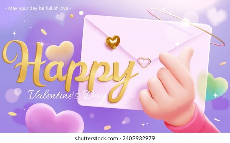 3D dreamy love hand gesture Valentine day card with letter and festive decors on purple background