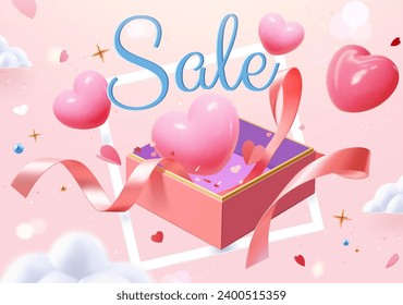 3D dreamy Valentines Day surprise sale template. Pink hearts and confetti popping out from gift box.