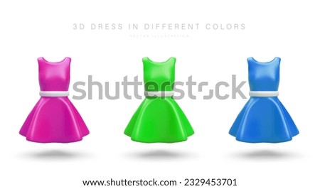 3d dress in different colors. Poster with place for text for clothes store for female. Summer dresses in purple, green and blue colors. Vector clothing mock up in cartoon style