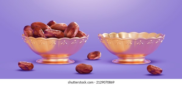 3D dried dates in metallic arabesque bowl isolated on purple background