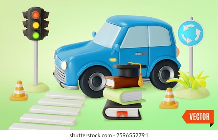 3d Driving Academy Traffic Rules Education Concept Background Cartoon Design Style. Vector illustration of Automobile, Stoplight and Books