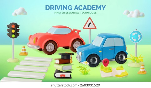 3d Driving Academy Traffic Rules Education Concept Ads Banner Promotion Poster Card. Vector illustration of Automobile, Stoplight and Books