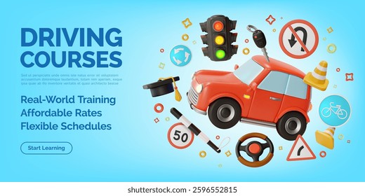 3d Driving Courses Traffic Rules Concept Ads Banner Promotion Poster Card. Vector illustration of Practice and Education