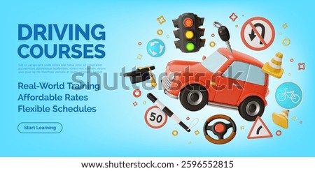 3d Driving Courses Traffic Rules Concept Ads Banner Promotion Poster Card. Vector illustration of Practice and Education