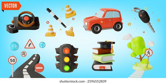 3d Driving School Concept Elements Set Cartoon Design Style. Vector illustration of Car, Police Stick, Key and Steering Wheel