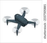 3D drone with action camera, follow-me drone, mini-drone, black. Aerial Drone Isolated on White Background. Top Side Front View Quad Copter with Digital Camera. Flying Remote Control Air Drone. 2172