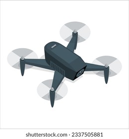 3D drone with action camera, follow-me drone, mini-drone, black. Aerial Drone Isolated on White Background. Top Side Front View Quad Copter with Digital Camera. Flying Remote Control Air Drone. 2172