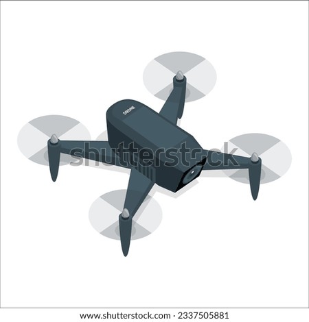 3D drone with action camera, follow-me drone, mini-drone, black. Aerial Drone Isolated on White Background. Top Side Front View Quad Copter with Digital Camera. Flying Remote Control Air Drone. 2172