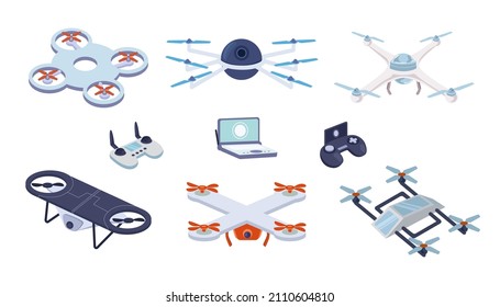 3d drones with remote control set. Vector illustrations of unmanned robots for video surveillance and delivery. Cartoon flying aerial vehicles with cameras isolated on white. Aircraft, UAV concept