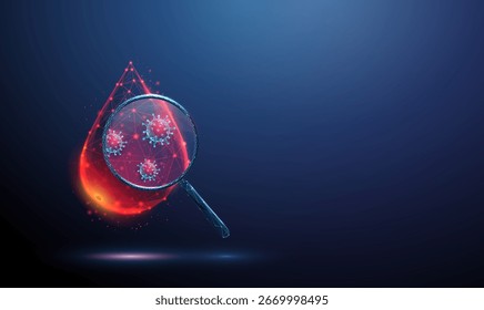 3d gota de sangue sob uma lupa com vírus vermelhos dentro. Conceito de doenças infecciosas, patógenos, exames de sangue, diagnósticos virais e pesquisas médicas. Estilo de wireframe poli baixo. Vetor.