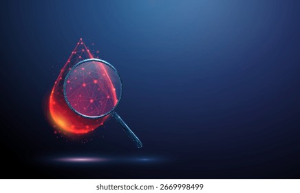 Gota de sangre en 3D bajo una lupa. Análisis de sangre, monitoreo del tratamiento, detección de infecciones, respuesta inmune, medicina personalizada, concepto de investigación médica. Estilo futurista de poliéster bajo. Vector