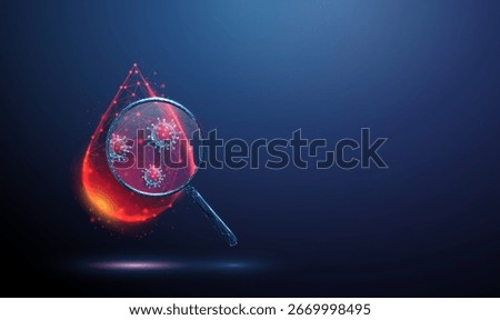 3d drop of blood under a magnifying glass with red viruses inside. Concept of infectious diseases, pathogens, blood testing, viral diagnostics, and medical research. Low poly wireframe style. Vector.