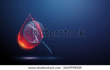 3d drop of blood under a magnifying glass with DNA helix inside Genetic testing, pharmacogenomics, precision medicine, molecular diagnostics, personalized treatment concept Low poly wireframe. Vector.