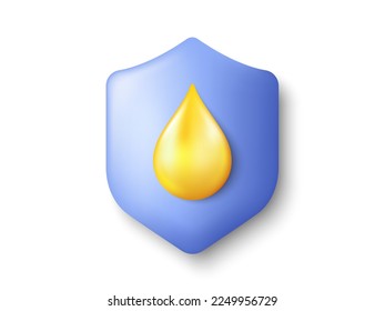 3d drop of oil on shield icon. Golden drop of honey or omega healthcare vitamin. Protection or defense shield. Symbol of safe product. Liquid oil fuel, 3d sunflower oil drop. Vector svg