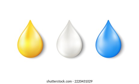 3d drop of oil, water and cream on white background. Golden drop honey, liquid omega vitamin and milk droplet. Liquid oil fuel, serum blob and white cream. 3d blue water drop. Vector svg