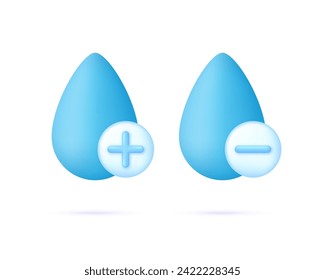 3D Deje agua con iconos más y menos. Concepto de aumento de la hidratación o de la adición de agua, reducción del agua, disminución del agua. Vector moderno y moderno de estilo 3d