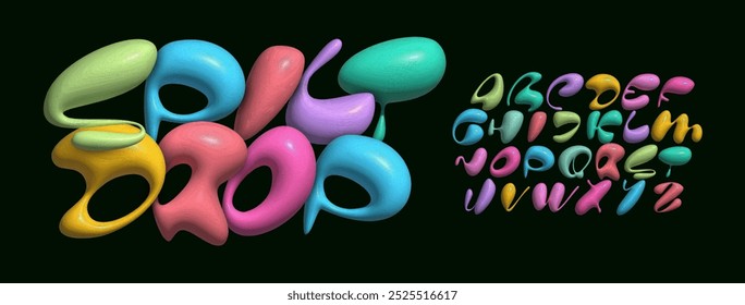 alfabeto gotas 3D, letras de balão de cor, letras de bolha fluido alegre para crianças logotipo, manchete de fluidez, texto líquido manuscrito em estilo de bolha, tipografia de festa de aniversário. Tipo de vetor