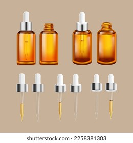 3D droplet set isolated on khaki background. Including droplet bottles with liquid, and droppers with and without liquid.