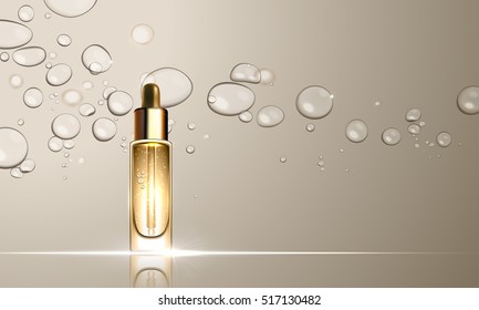 3D Dropper Bottle Of Collagen Hydration Moisturizer. Face Skincare Premium Ad Design Template. Gold Water, Oil Drops Background. Vector Illustration.