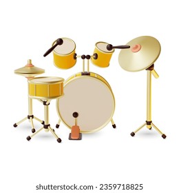 3d Drum Kit Cartoon Style Percussion Musical Instrument Isolated on a White Background. Vector illustration of Drums Set with Cymbals