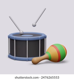 3D drum with sticks, color maracas. Noise and percussion musical instruments