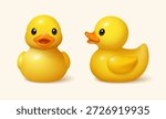 3d duck rubber yellow bathroom toy element. Yellow duck 3d kid baby rubber side front view icon object.