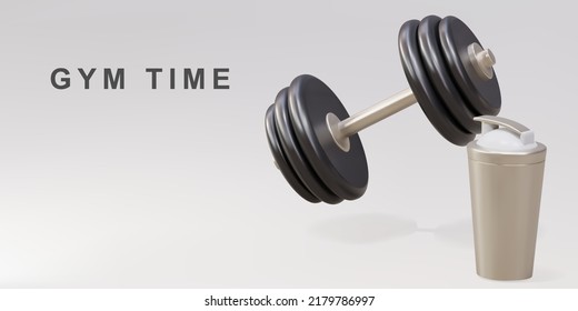 3d dumbbell and shaker - gym time concept. Vector illustration.