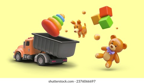 3D dump truck scatters toys. Children holiday concept. Advertisement for toy store. Festive event, promotion. Bright vector banner. Template on yellow background