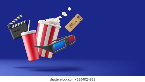 Elementos dinámicos 3D para la publicidad en el cine en línea. Palomitas de maíz, soda, gafas 3D sobre un fondo azul oscuro. Para conceptos de diseño.