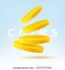 3D dynamic golden empty coins for financial, gaming and banking concept design. Banner light blue background.