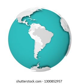 3D Earth globe with blank political map dropping shadow on blue greenseas and oceans. Vector illustration.