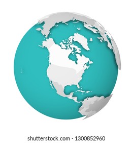 3D Earth globe with blank political map dropping shadow on blue greenseas and oceans. Vector illustration.