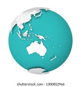 3D Earth globe with blank political map dropping shadow on blue greenseas and oceans. Vector illustration.